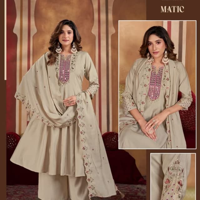 Beige, light brown, with accents of pink and green in the embroidery Salwar Kameez set with jacket