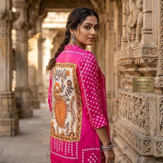 Hot pink, off-white, orange, and hints of brown Kurti / Tunic