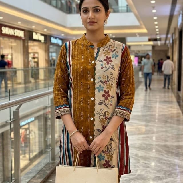 Mustard yellow, beige, maroon, and teal accents Kurti