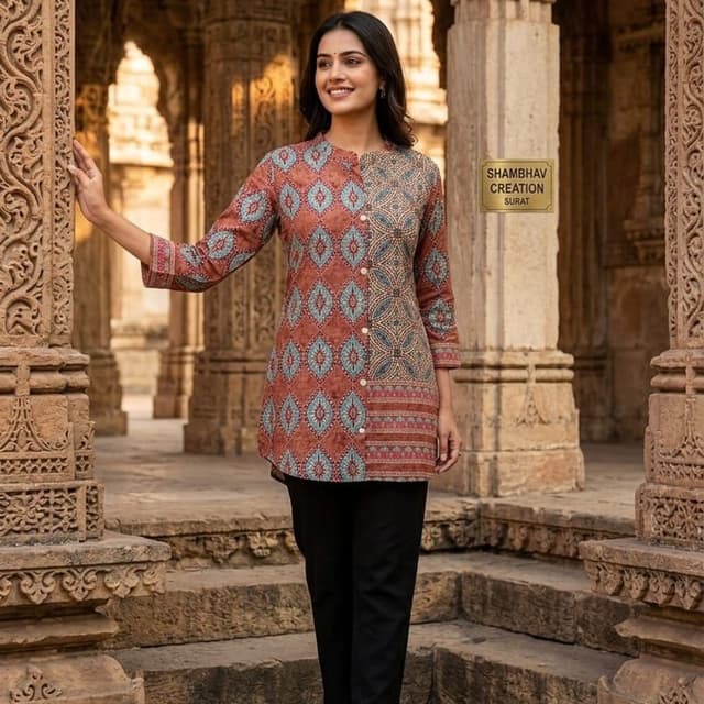Rust brown, muted teal, and beige with black trousers Kurti with trousers
