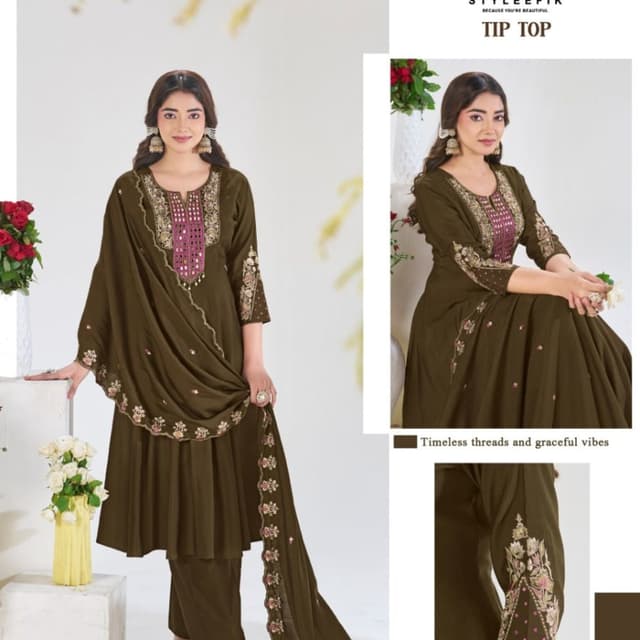 Olive green base with accents of pink, cream, and metallic gold Salwar Suit Set