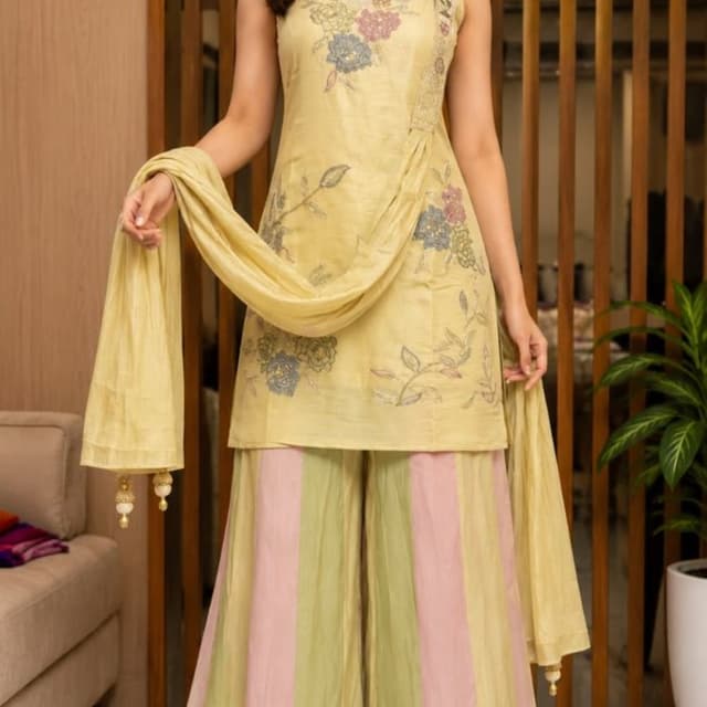 Pastel yellow, soft pink, and muted sage green Kurta with Sharara and Dupatta set