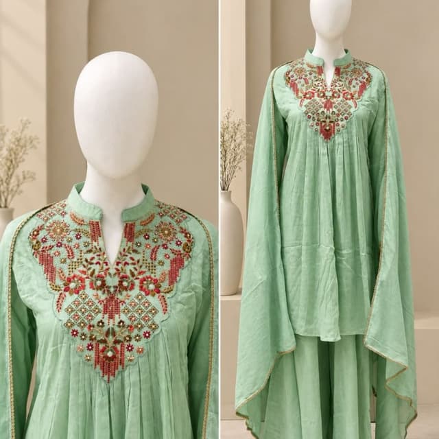 Mint green base with rust, gold, and deep red embroidery details Kurta with Palazzo and Dupatta
