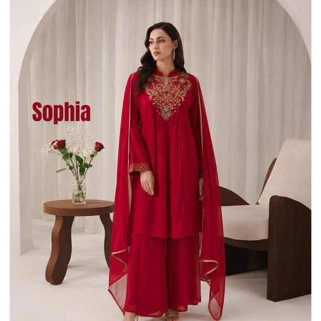 Solid Crimson Red with Gold accents Salwar Kameez with Dupatta