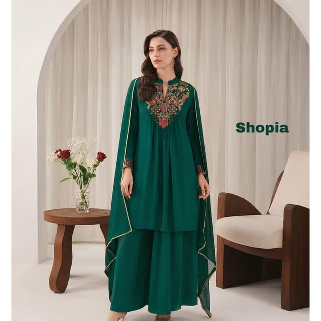 Emerald Green, with multi-color embroidery accents of red, pink, and gold Kurti with Cape and Palazzo Set