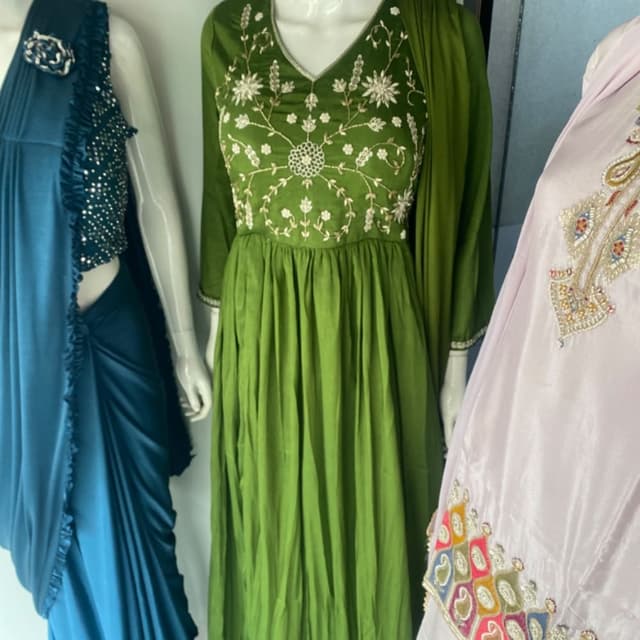 Olive green with white and gold embroidery Anarkali Suit