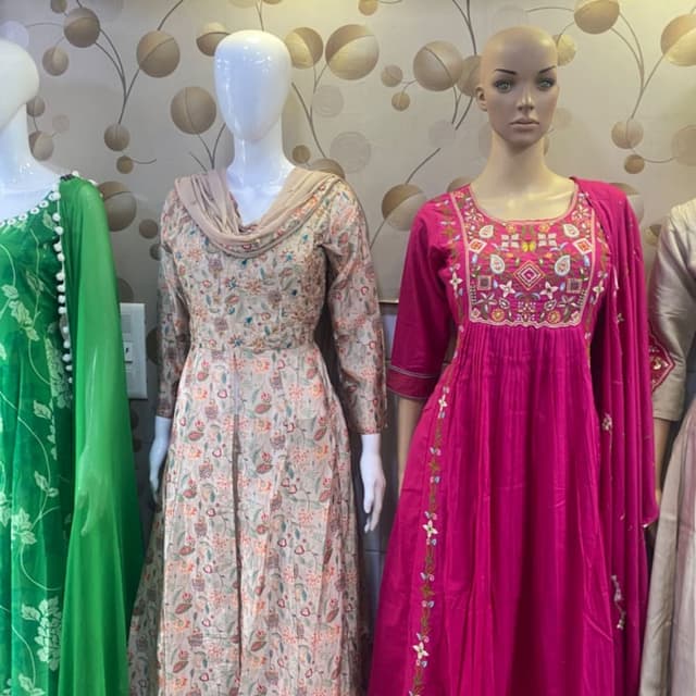 Beige, Peach, Green, Multi-colored prints Anarkali Suit