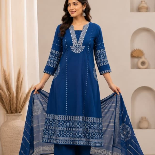 Deep royal blue with white printed details Kurta Set with Dupatta