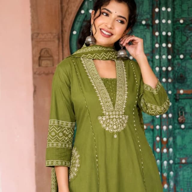 Olive Green with off-white or cream accents Kurta Set with Dupatta