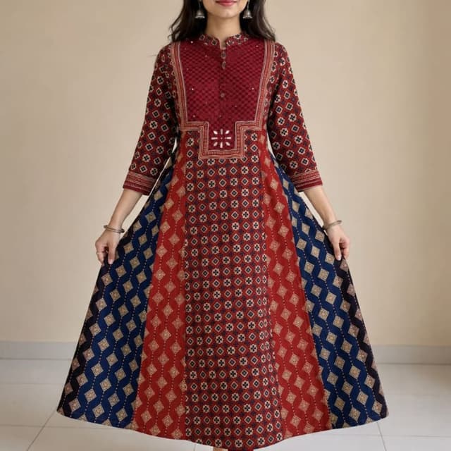 Maroon, Navy Blue, and Beige Anarkali Kurta