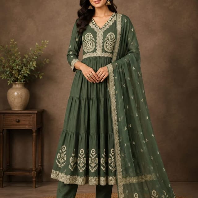 Deep forest green with cream-colored embroidery Anarkali Suit Set