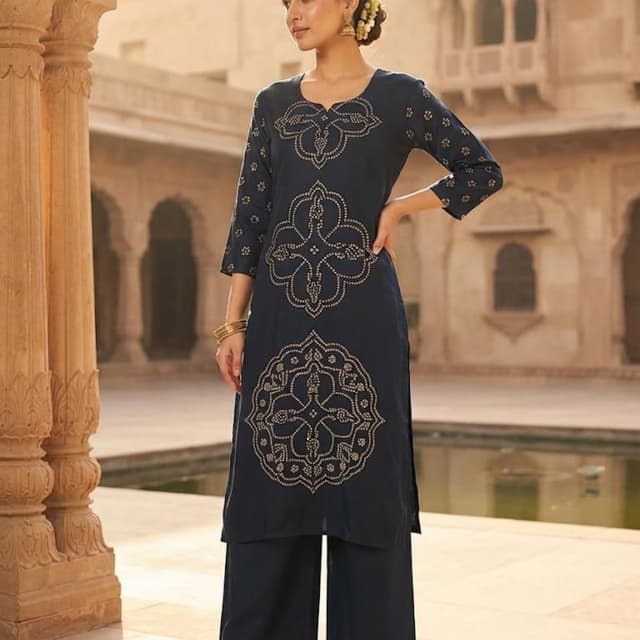 Navy blue base with metallic gold print Kurta Set with Palazzo