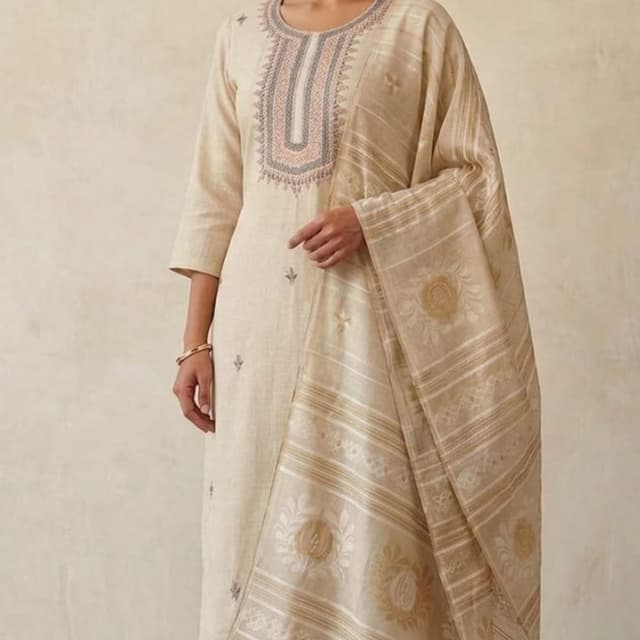 Beige, off-white, with subtle grey and metallic gold accents Kurta Set with Dupatta