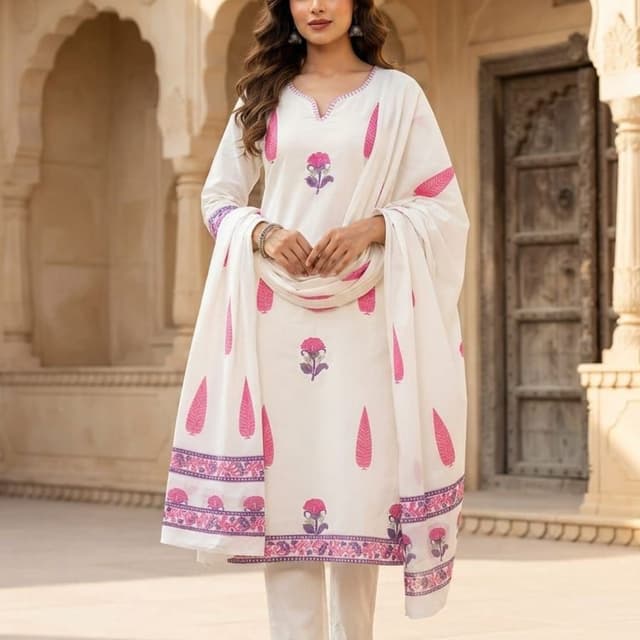 Off-white base with pink and purple floral and leaf print accents Salwar Kameez Set