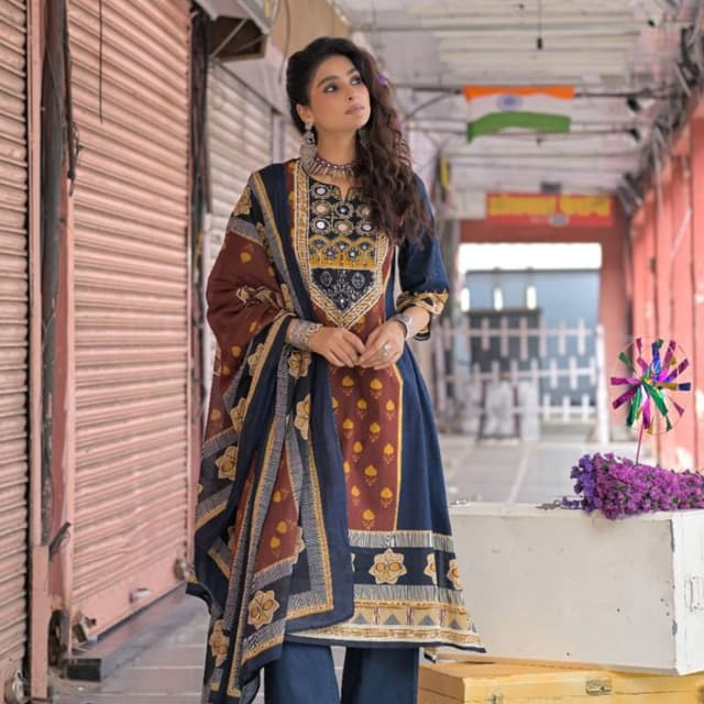 Navy Blue, Rust Brown, Mustard Yellow, White Kurta Set