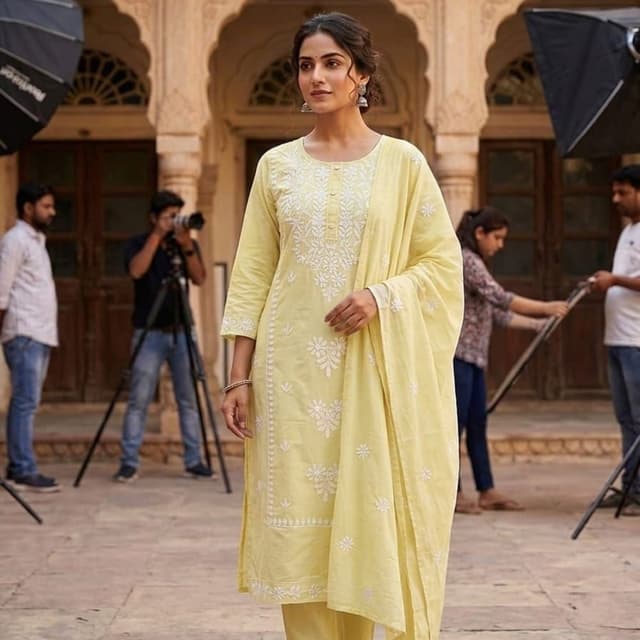 Pastel yellow with white embroidery Kurta Set with Dupatta