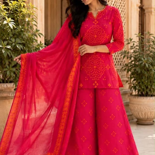 Hot pink, vibrant orange, magenta Kurta Set with Palazzo and Dupatta