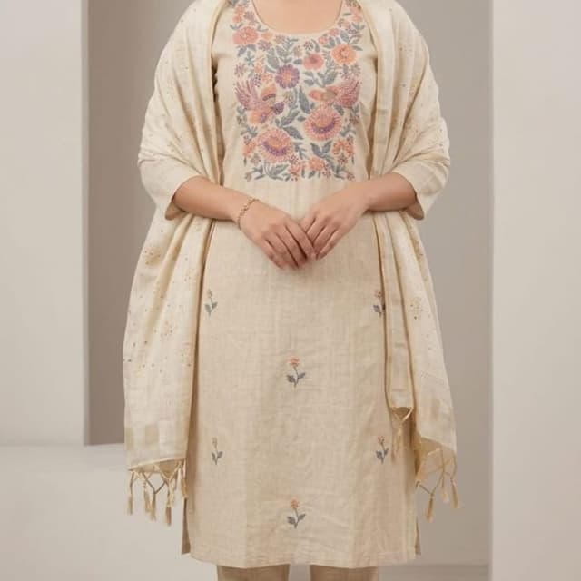 Beige, Peach, Purple, Sage Green Salwar Kameez Set