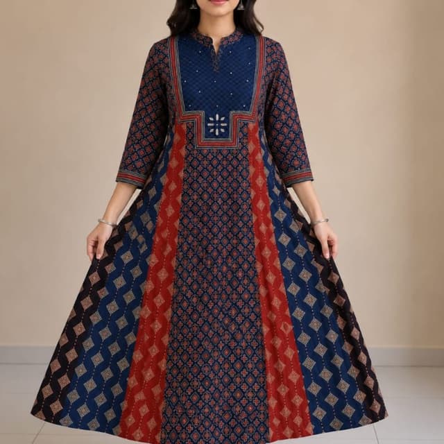 Navy Blue, Rust Red, and hints of Gold/Beige Kurta with pant set
