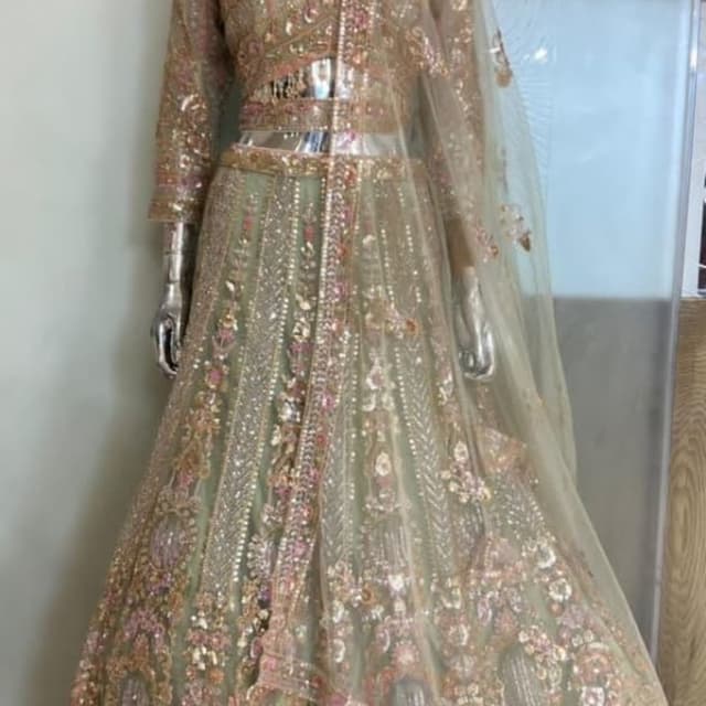Sage green, metallic gold, and soft pink accents Lehenga Choli