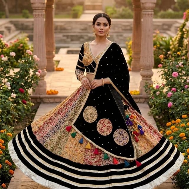 Black base with accents of gold, red, green, and multi-colored tassel details Lehenga Choli