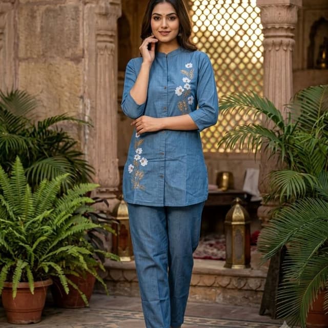 Denim blue with white and beige floral embroidery Kurti and pant set