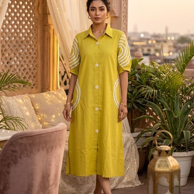 Olive green base with white detailing Shirt Dress