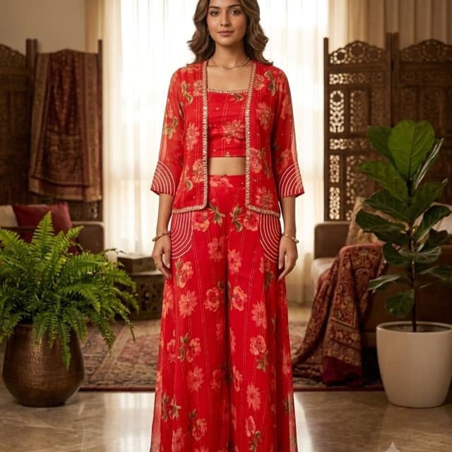 Vibrant Red base with orange and peach floral tones Co-ord set with shrug