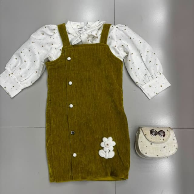 Olive green, white, and gold accents Pinafore dress set