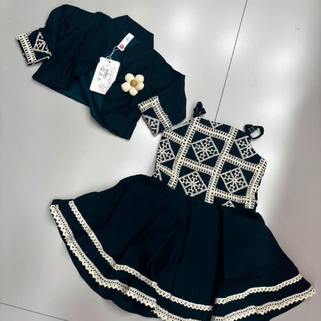 Dark Green and Off-White Dress with shrug set