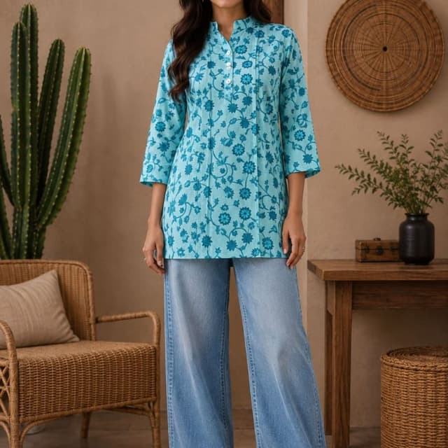 Sky blue and deep azure floral print Kurti