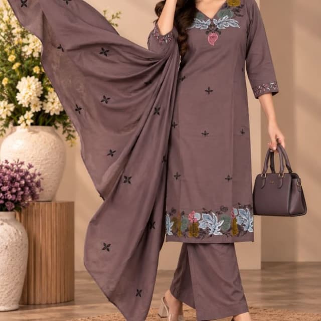 Dusty Mauve, Multi-colored floral embroidery accents Salwar Kameez Set