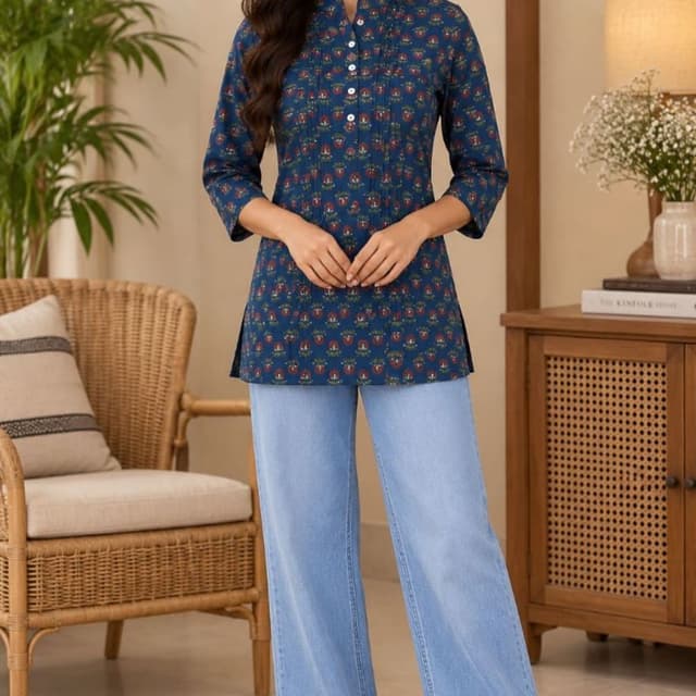 Deep blue base with red and green floral accents, paired with light wash denim Kurti with Jeans