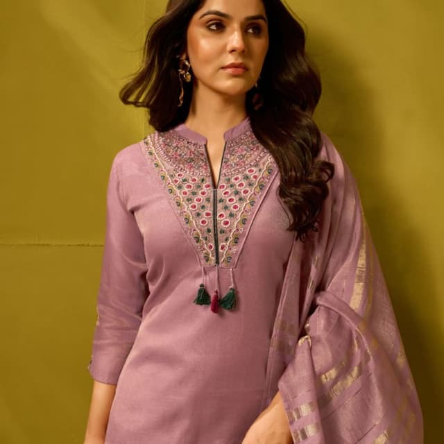 Mauve, Lilac, and multi-colored embroidery with gold accents Kurta/Salwar Kameez