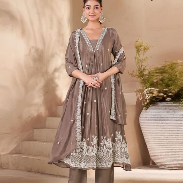 Taupe, Brown, and Off-white Kurta Set with Dupatta