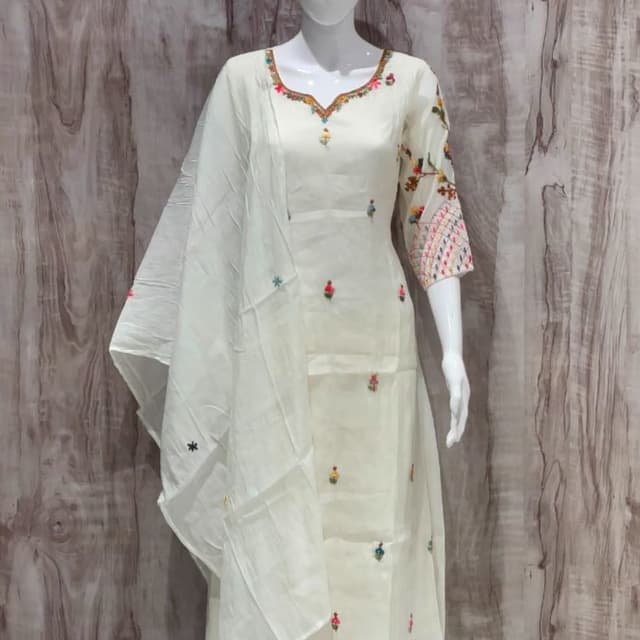 Off-white base with multi-colored embroidery Salwar Kameez Suit