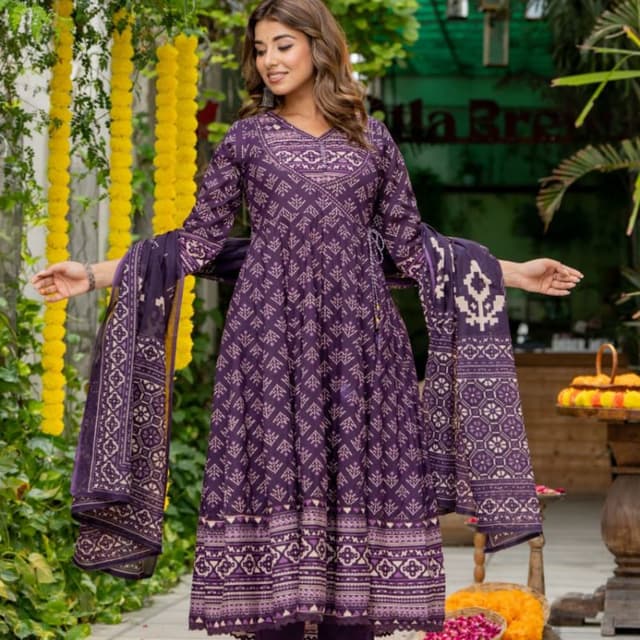 Deep purple and white Kurta Set with Dupatta