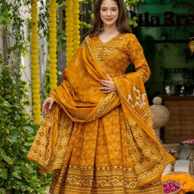 Mustard yellow with white and green block print details Anarkali Suit Set