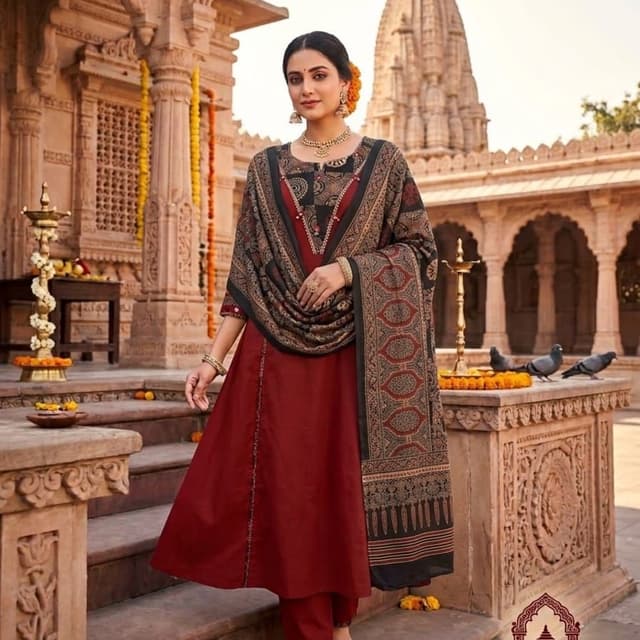 Deep maroon, black, and beige Salwar Kameez