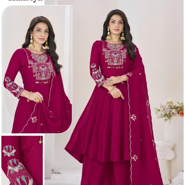 Deep Magenta or Rani Pink Salwar Suit Set (Kurti with Palazzo and Dupatta)