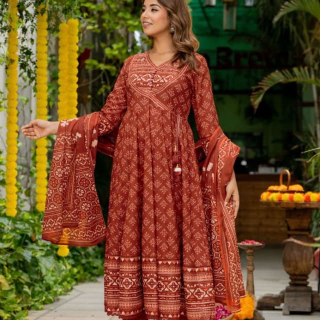 Rust brown, terracotta, cream white Anarkali Suit Set