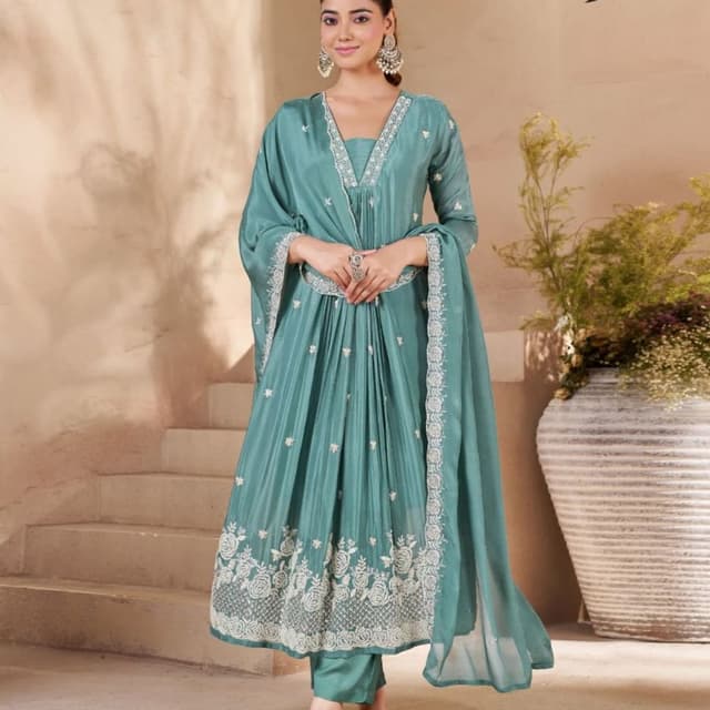 Teal green with white embroidery Salwar Suit Set