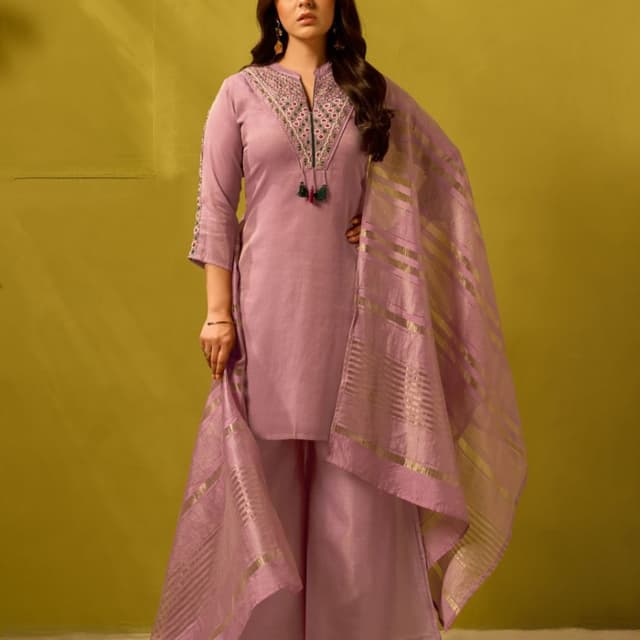 Lavender, Mauve, Silver, Dark Green accents Kurta Set with Palazzo and Dupatta