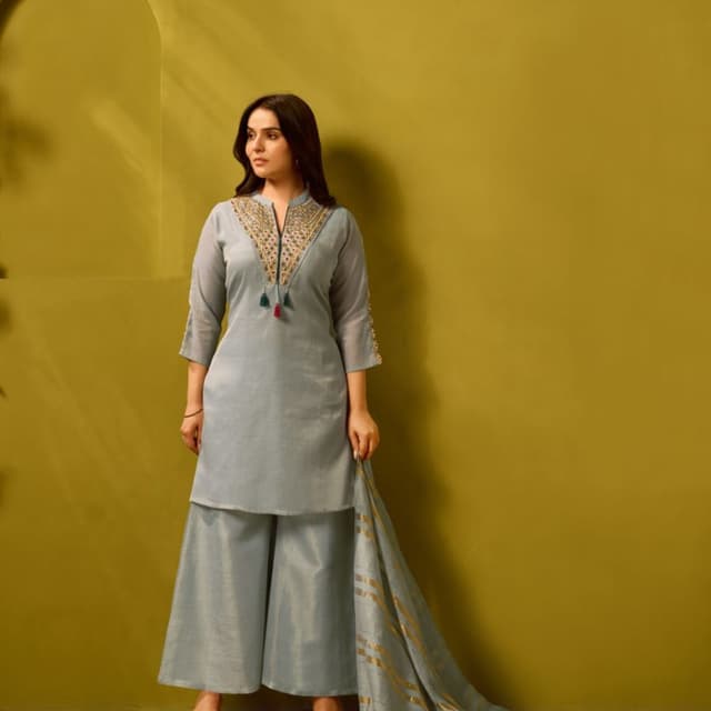 Dusty grey-blue with gold accents Kurta and Palazzo set with Dupatta