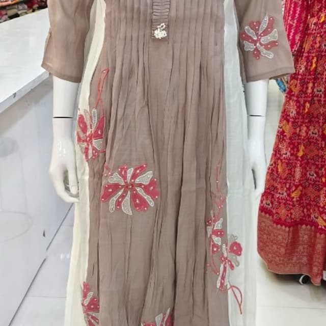 Taupe brown and off-white base with red and white floral embroidery Kurti with pants