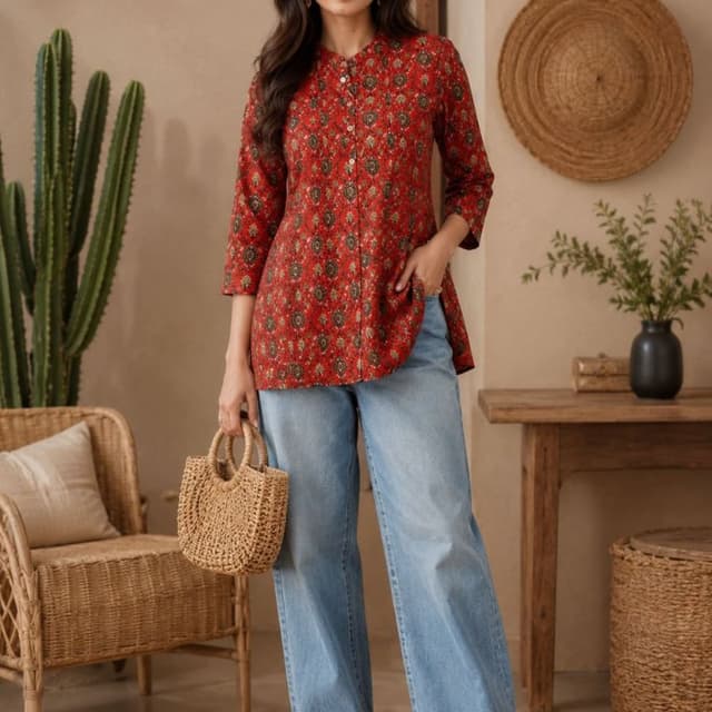Red base with olive, brown, and cream printed accents Kurti Top