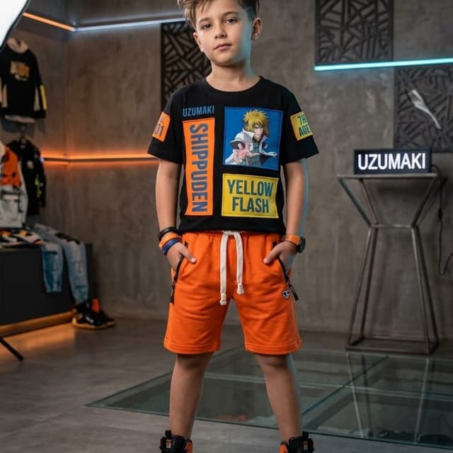 Black, Orange, Yellow, White T-shirt and Shorts Set