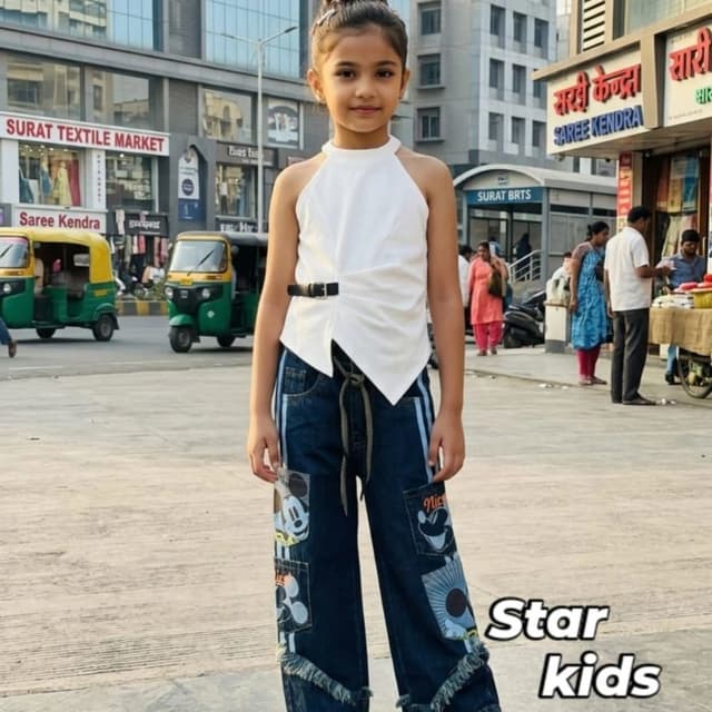 White, Navy Blue Two-piece set (Top and Jeans)