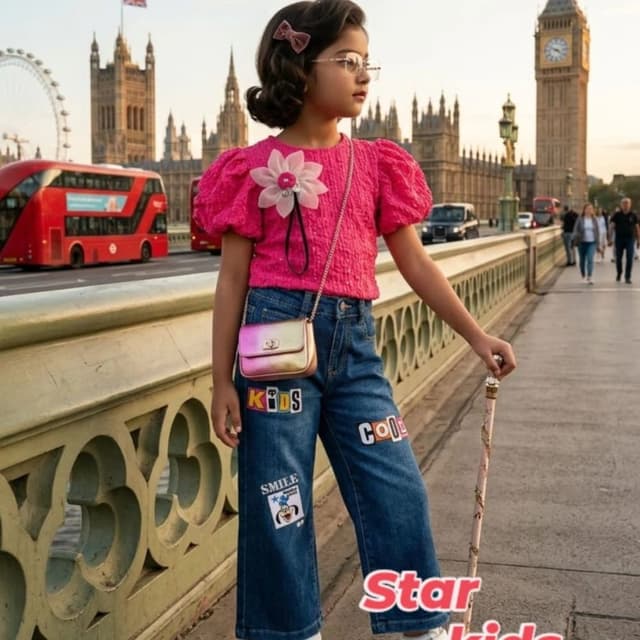 Hot pink, Denim blue, Metallic gradient Outfit (Top and Jeans)