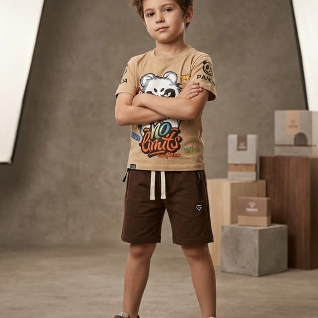 Beige, Brown, Black, White T-shirt and Shorts Set